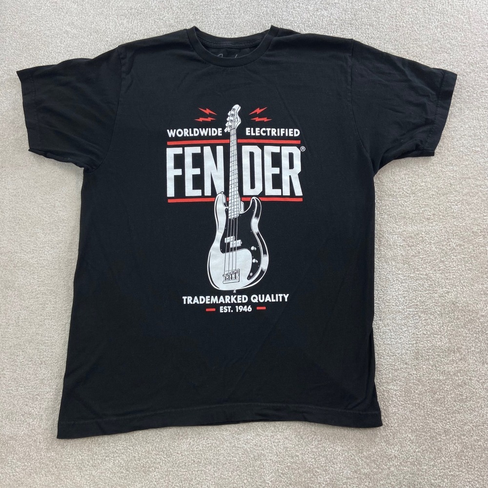 Fender Graphic T-Shirt Mens Large Black Short Sleeve Bass Guitar Electrified Tee